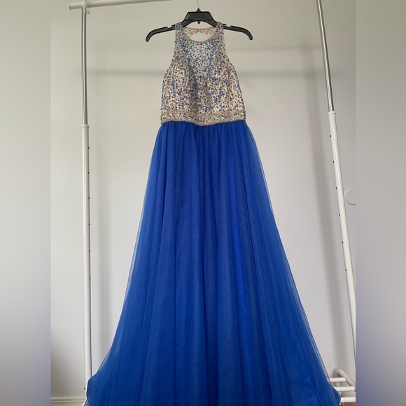 Studio 17 12667 Cutout Back Long Royal Blue Prom Dress illusion neck line - Picture 3 of 11